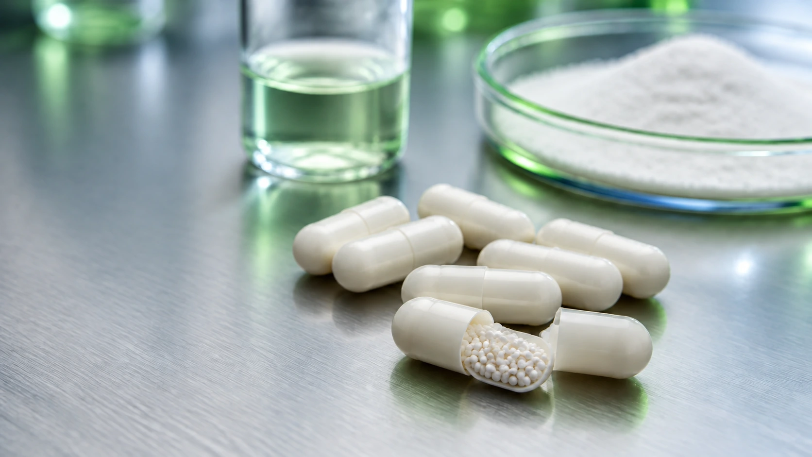 Finished carrier capsules and encapsulated granules on a pharmaceutical formulation bench
