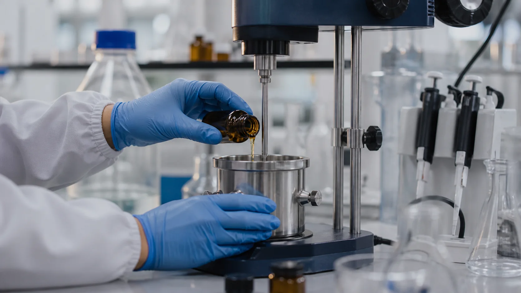 Gloved formulation scientist adding a measured compound solution to a controlled mixing vessel