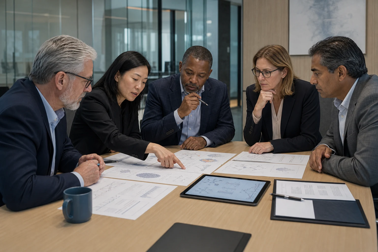 Pharmaceutical licensing team reviewing scientific diligence materials in a boardroom