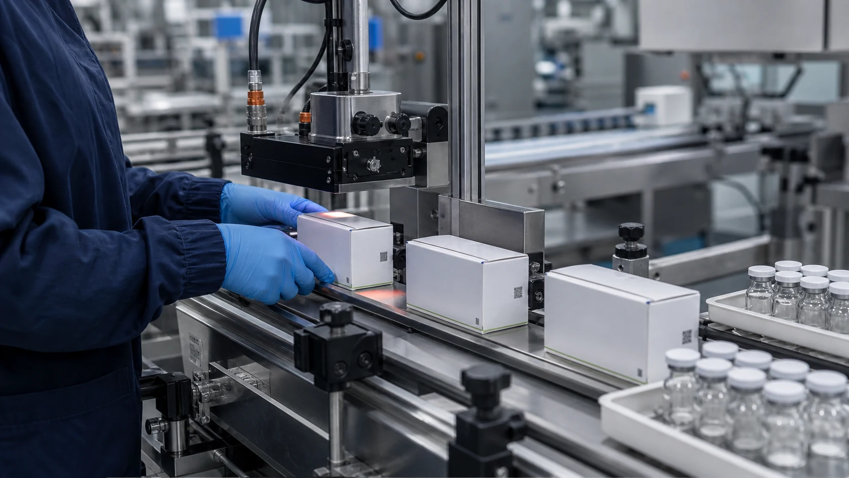 Serialized pharmaceutical packages being inspected on an automated production line