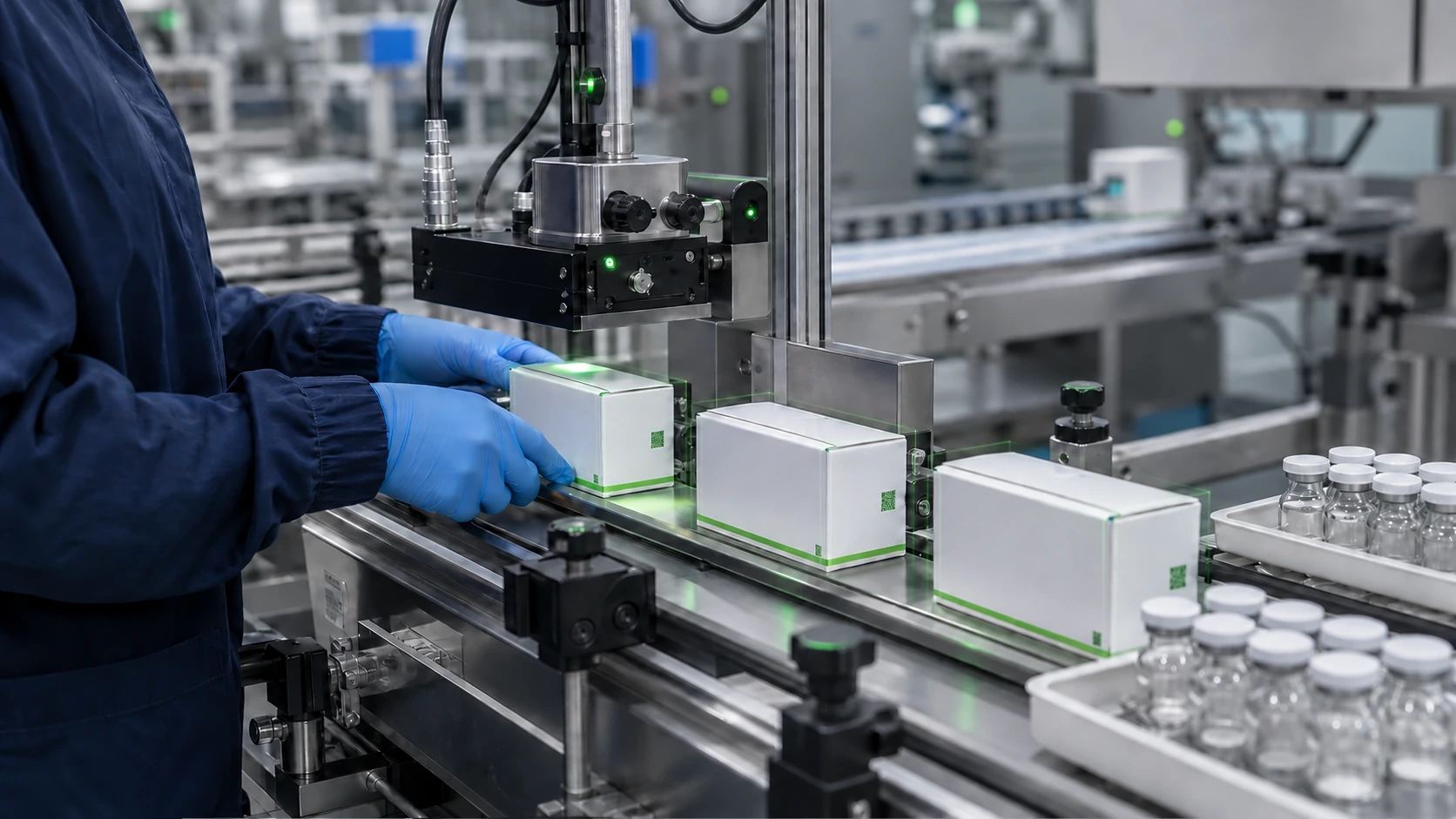 Serialized pharmaceutical packages being inspected on an automated production line